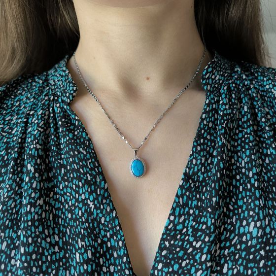 Silver pendant with fianites, turquoise