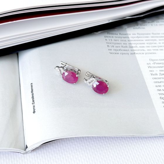 Срібні сережки з рубіном 7.97ct, фіанітами