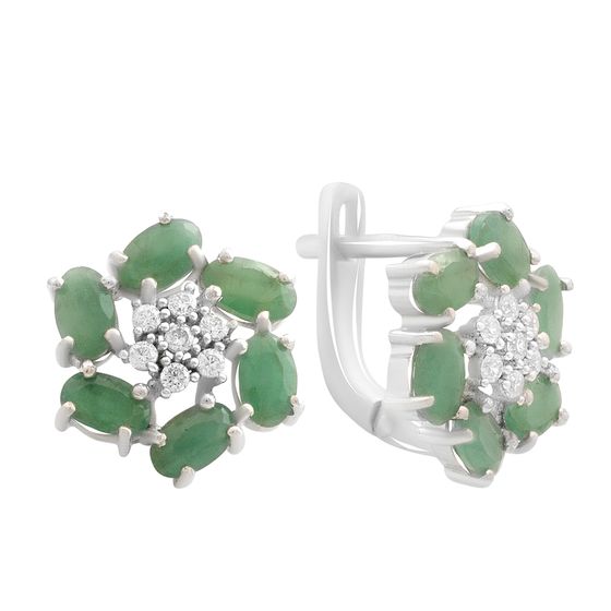 Silver earrings with emerald, fianites