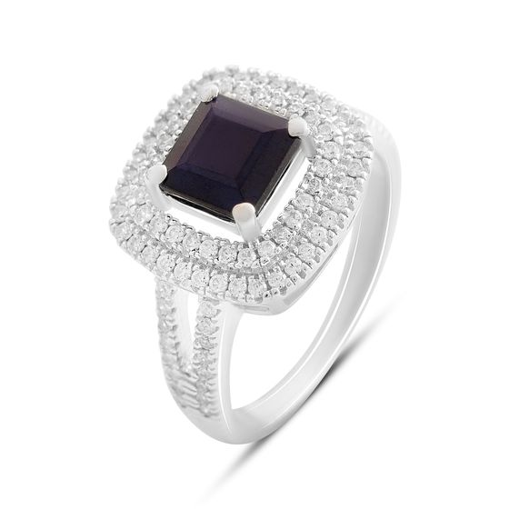 Silver ring with a 3.256ct sapphire and cubic zirconia stones