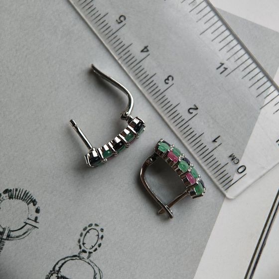 Срібні сережки з сапфіром 4.05ct, смарагдом, рубіном