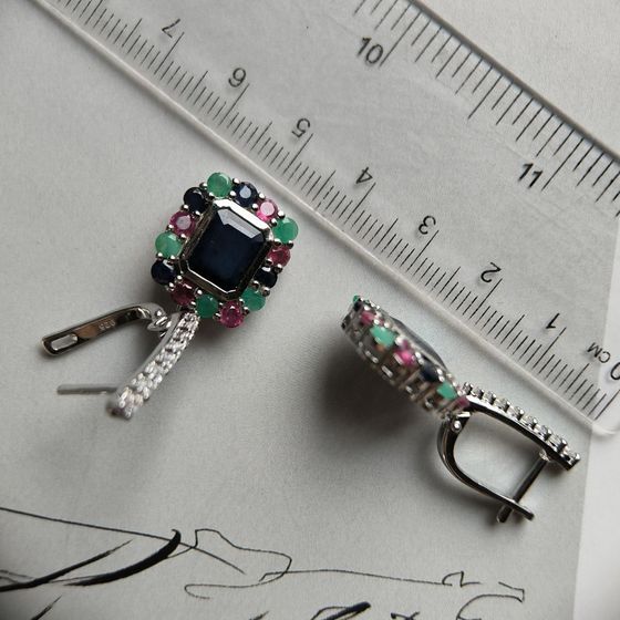 Silver earrings with sapphire 4.05ct, emerald, ruby