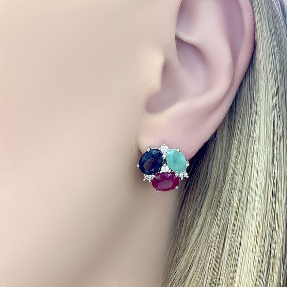 Серебряные серьги с сапфиром, изумрудом, рубином