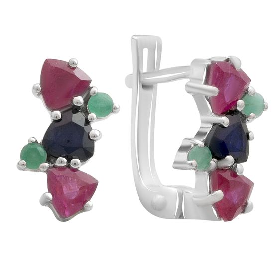 Серебряные серьги с сапфиром 2.042ct, рубином, изумрудом