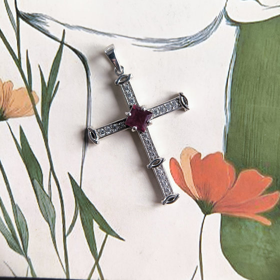 Silver cross with a 1.53ct ruby and cubic zirconia