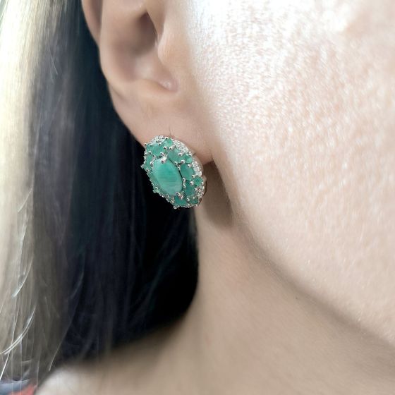 Sterling silver earrings with 7.571ct emerald, pave diamonds