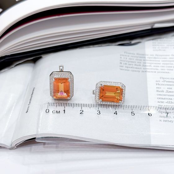 Срібні сережки із золотим кварцом 18.54ct, фіанітами