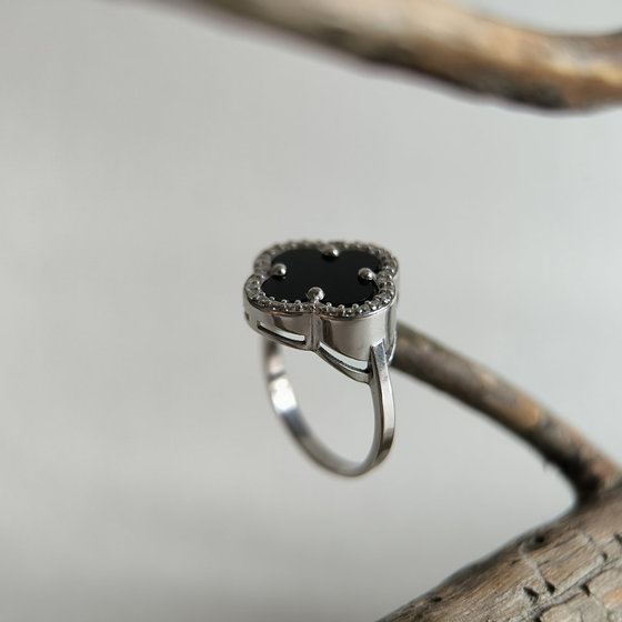 Silver ring with onyx and cubic zirconia