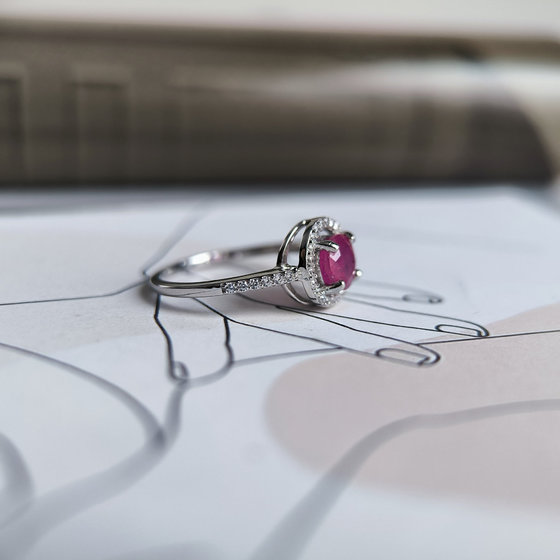 Silver ring with ruby and cubic zirconia
