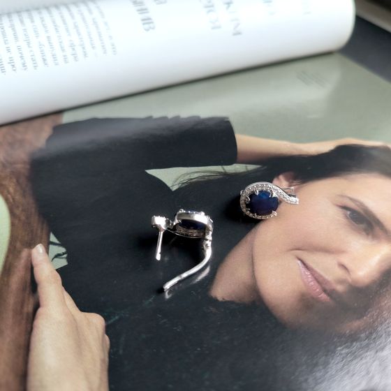 Sterling silver earrings with 7.667ct sapphire, pave diamonds