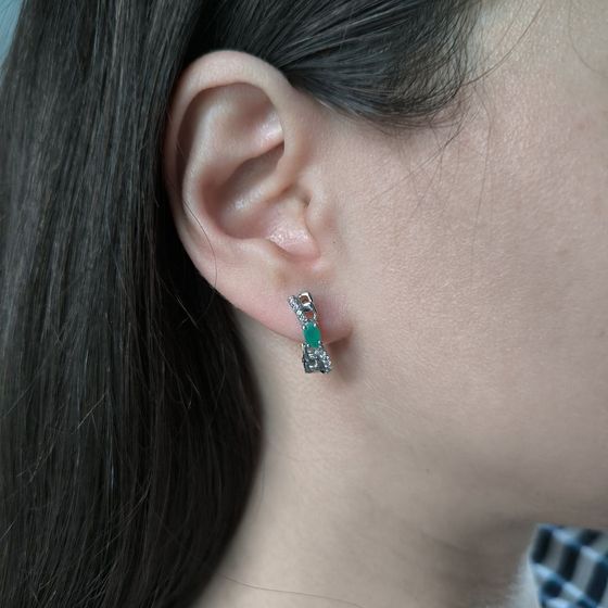 Silver earrings with emerald, fianites