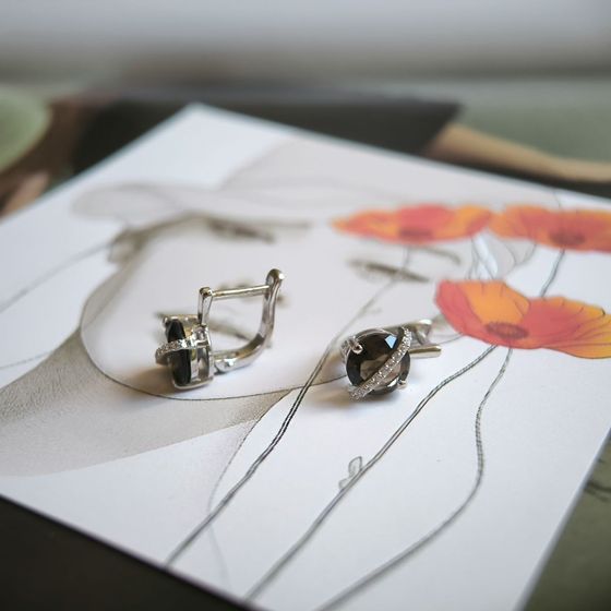 Silver earrings with rauchtopaz (smoky quartz) 3.465ct, phianites