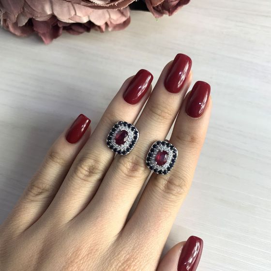 Срібні сережки з рубіном 4.575ct, сапфіром