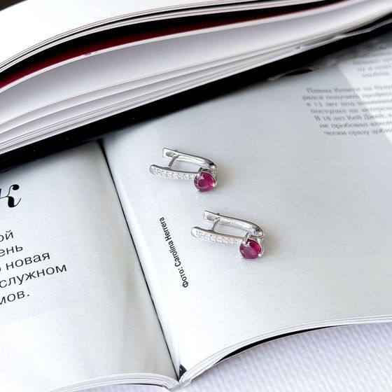 Срібні сережки з рубіном 1.476ct, фіанітами