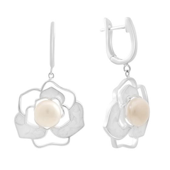 Silver earrings with pearls, mother-of-pearl