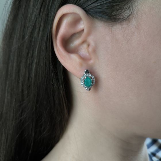 Silver earrings with emerald, fianites