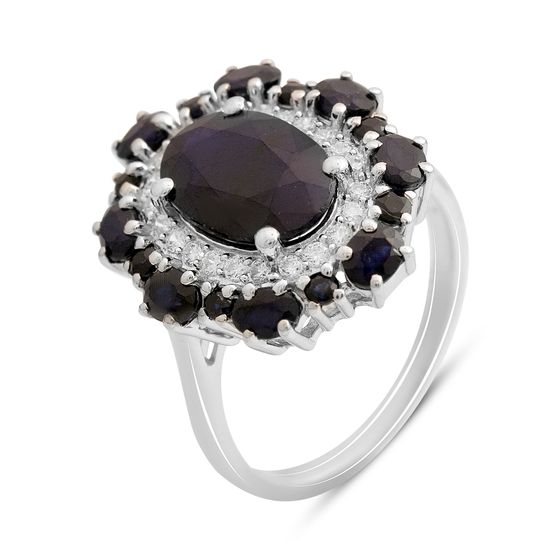 Silver ring with sapphire and cubic zirconia