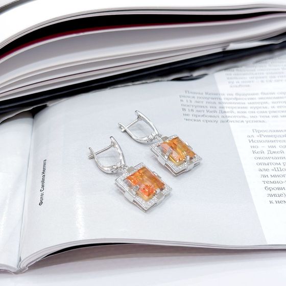 Срібні сережки із золотим кварцом 9.713ct, фіанітами