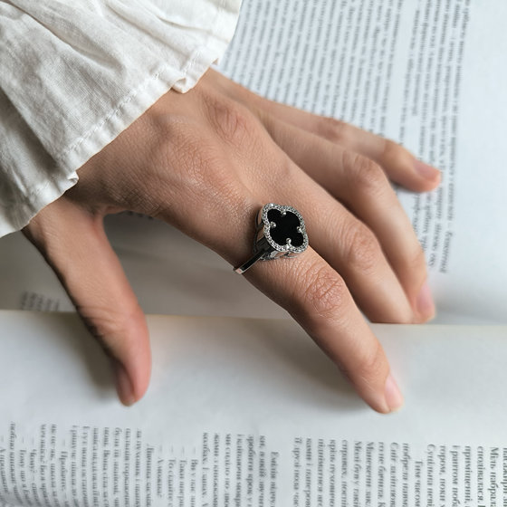 Silver ring with onyx and cubic zirconia