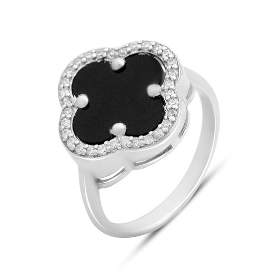Silver ring with onyx and cubic zirconia