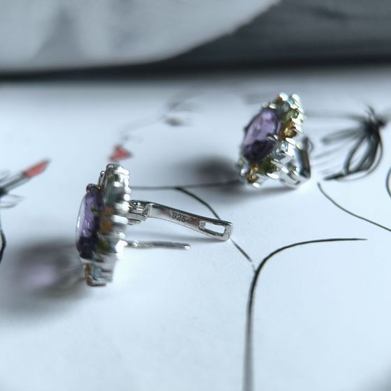Silver earrings with amethyst 7.325ct, citrine, chrysolite, topaz