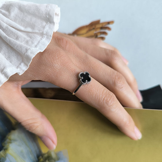 Silver ring with onyx and cubic zirconia