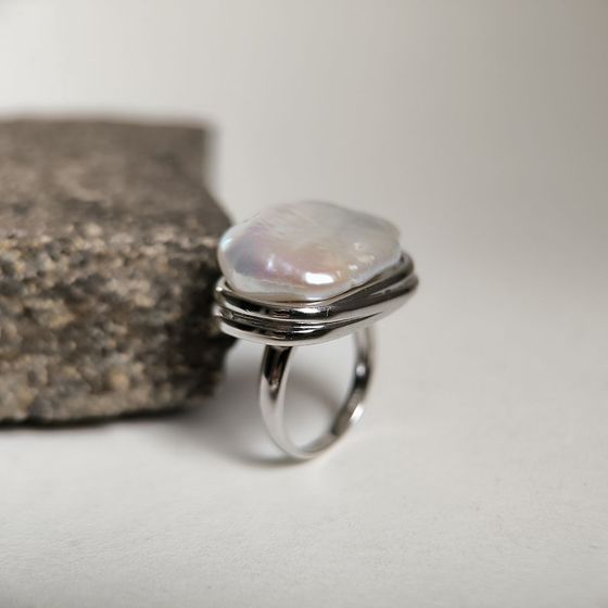 Silver ring with baroque pearls