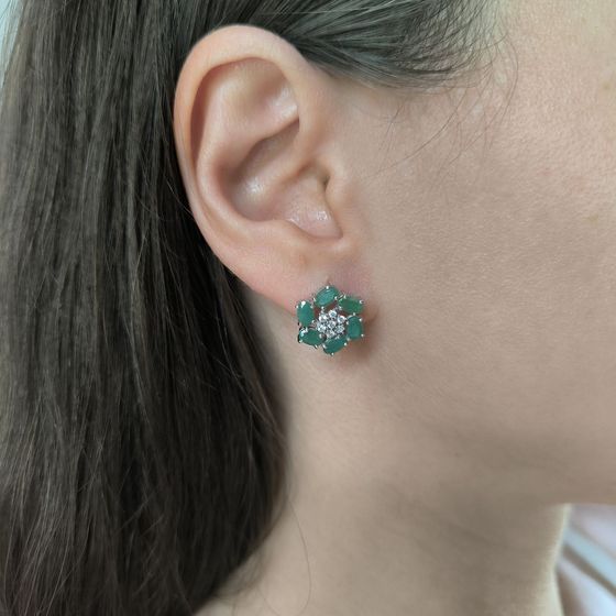 Silver earrings with emerald, fianites