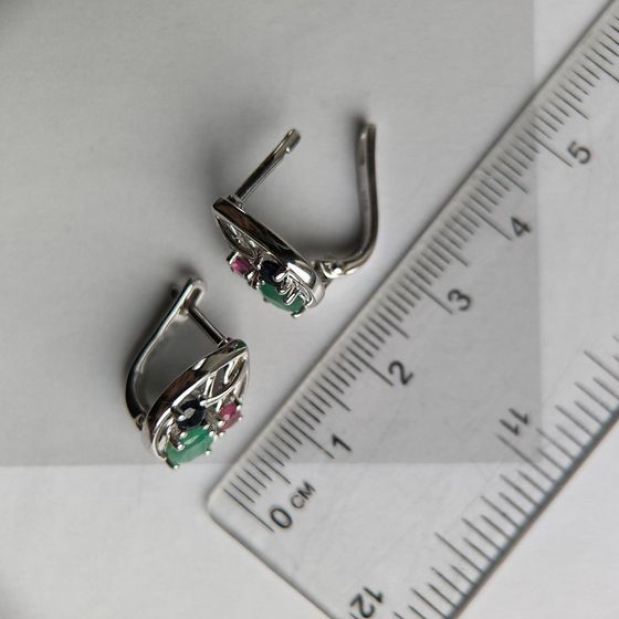 Срібні сережки з сапфіром 4.05ct, смарагдом, рубіном