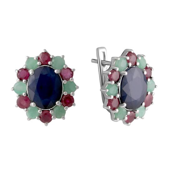 Silver earrings with a 11.277-carat sapphire, an emerald, and a ruby