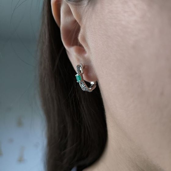 Silver earrings with emerald, fianites