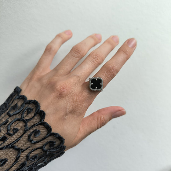Silver ring with onyx and cubic zirconia