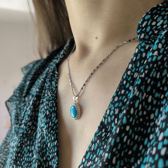 Silver pendant with fianites, turquoise