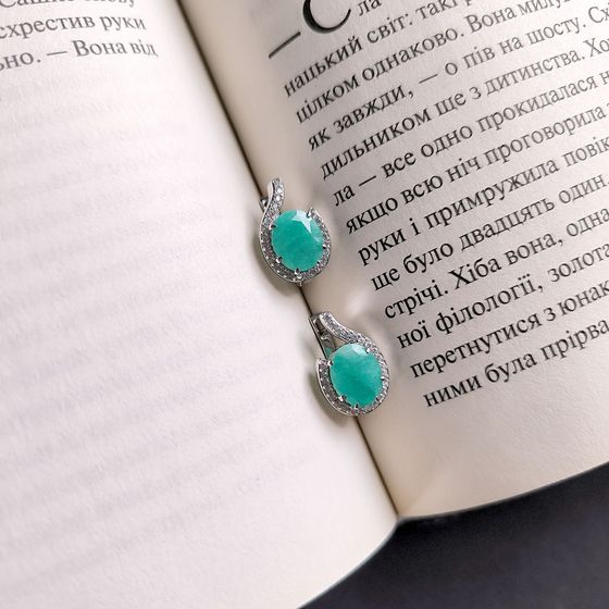 Срібні сережки зі смарагдом 6.075ct, фіанітами