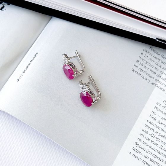 Срібні сережки з рубіном 7.97ct, фіанітами