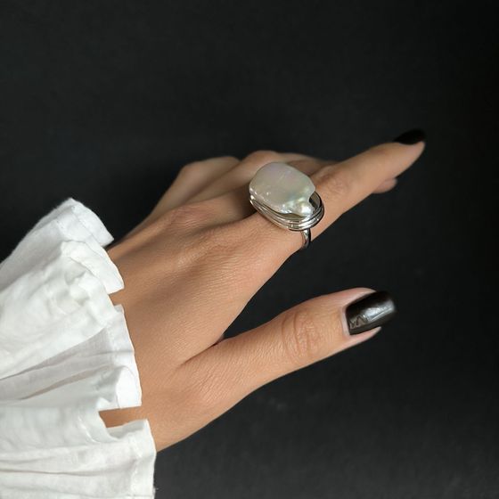 Silver ring with baroque pearls