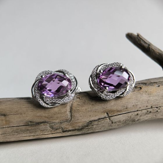 Срібні сережки з олександритом 16.513ct, фіанітами