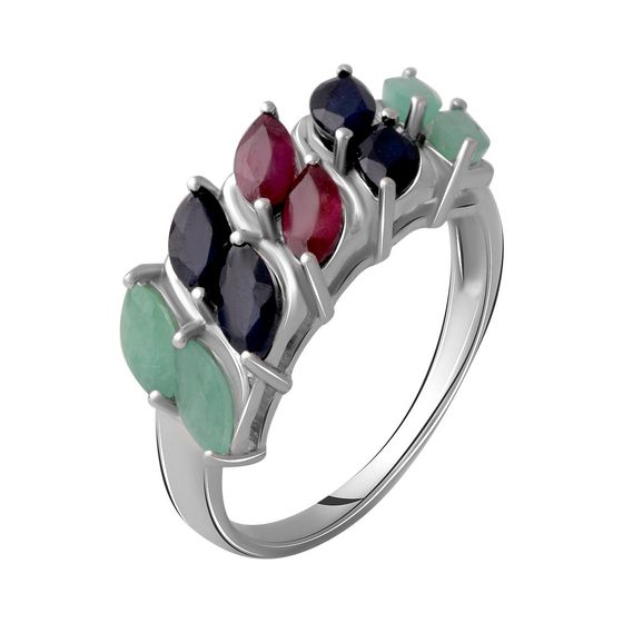 Срібна каблучка з сапфіром 3.025ct, смарагдом, рубіном