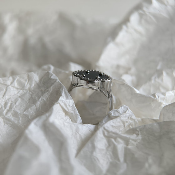 Silver ring with onyx and cubic zirconia